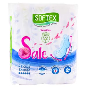 نوار بهداشتی شب سافتکس مدل Sensitive پنبه ای نازک سایز خیلی خیلی خیلی بزرگ بسته 7 عددی